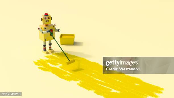 3d render of toy robot cleaning large yellow stain - stained stock illustrations