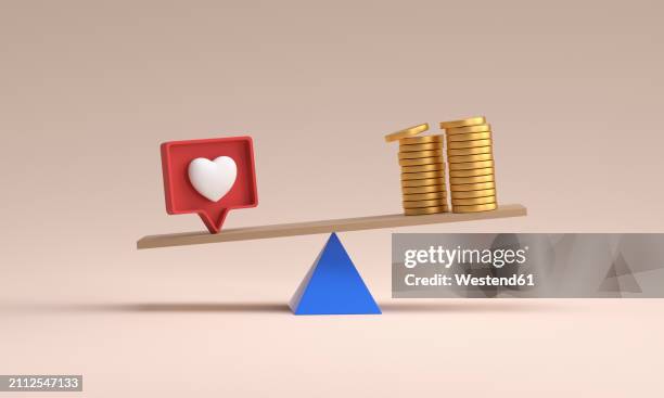 balance of social media, heart like and money stack against pink background - gungbräda bildbanksfoton och bilder