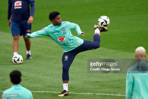 Endrick Moreira of Brasil in action during training ahead of the friendly match between Spain and Brazil at Estadio Alfredo Di Stefano on March 25,...