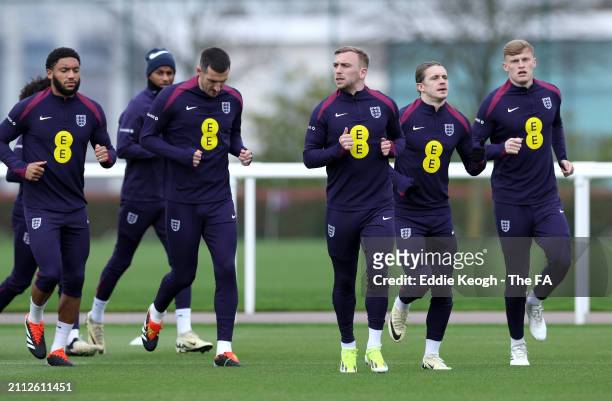 Joe Gomez, Lewis Dunk, Jarrod Bowen, Conor Gallagher and Jarrad Branthwaite of England run during a training session at Tottenham Hotspur Training...