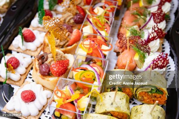 variety of canapes, flat lay, overhead view, patry food - prosciutto stock pictures, royalty-free photos & images