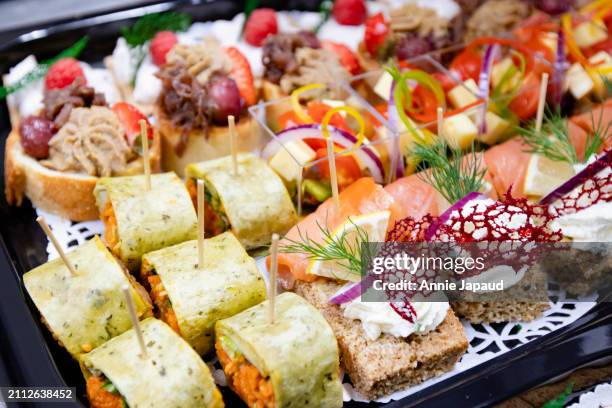 overhead view of canape trays, party food, catering platter - prosciutto stock pictures, royalty-free photos & images