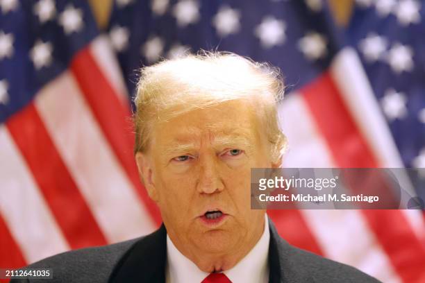 Former President Donald Trump speaks during a press conference at 40 Wall Street after a pre-trial hearing on March 25, 2024 in New York City. Judge...