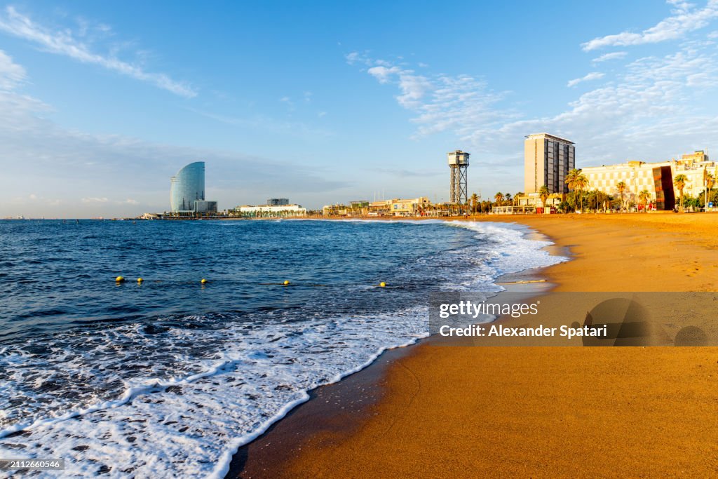 Barceloneta beach on a sunny morning, Barcelona, Spain