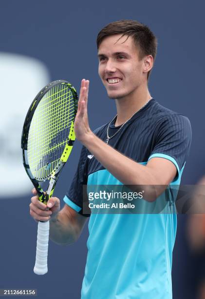 Alexei Popyrin of Australia celebrates his win against Fabian Marozsan of Hungary during their match on Day 10 of the Miami Open at Hard Rock Stadium...