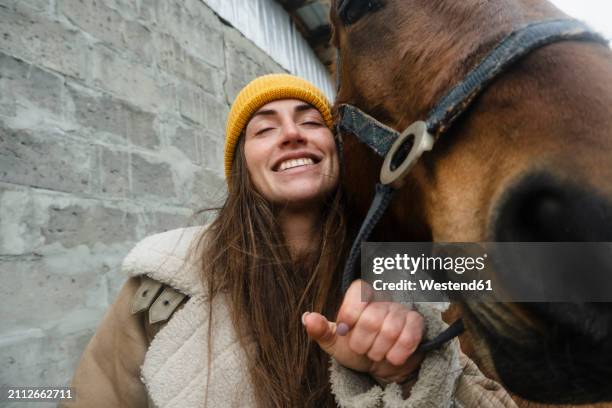 smiling woman with horse at farm - alleen één mid volwassen vrouw stockfoto's en -beelden