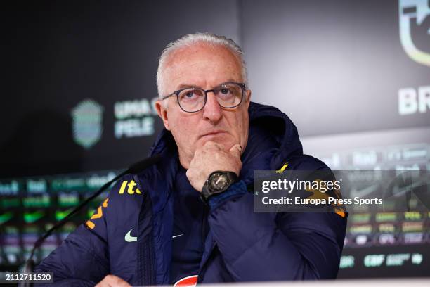 Dorival Junior attends his press conference during the training session of the Brazil Team prior to the friendly match against Spain at Ciudad...