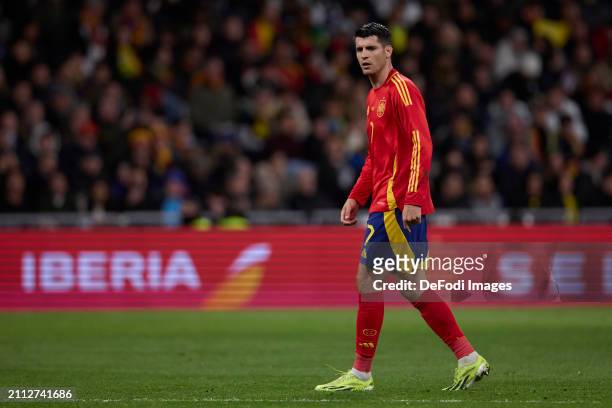 Alvaro Morata of Spain looks on during the friendly match between Spain and Brazil at Estadio Santiago Bernabeu on March 26, 2024 in Madrid, Spain.
