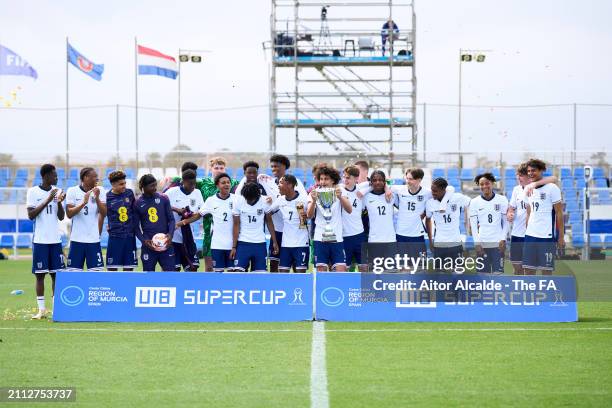 Team of England lifts the champion trophy during the Men's U18 International match between England U18 and Netherlands U18 at Pinatar Arena on March...