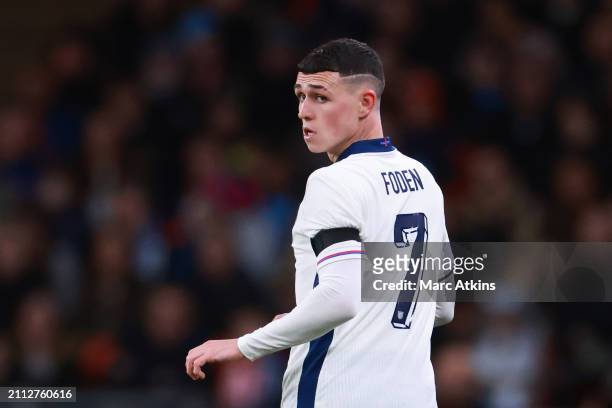 Phil Foden of England during the international friendly match between England and Brazil at Wembley Stadium on March 23, 2024 in London, England.