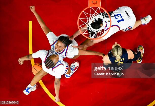 Zakiyah Franklin of the Kansas Jayhawks celebrates with Taiyanna Jackson of the Kansas Jayhawks during the first round of the 2024 NCAA Women's...