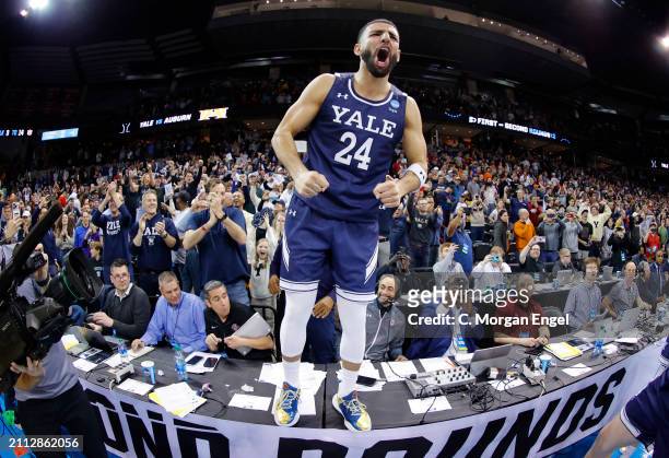 Yassine Gharram of the Yale Bulldogs celebrates his team's 78-76 win over Auburn Tigers during the first round of the 2024 NCAA Men's Basketball...