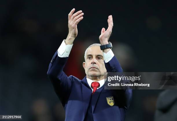 Sylvinho, Head Coach of Albania, applauds the fans after the team's defeat during the international friendly match between Sweden and Albania at...