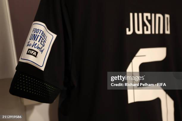 Detailed view of the 'Football Unites The World' captains armband in the dressing room prior to the FIFA Series 2024 Algeria match between Bolivia...