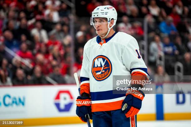 Bo Horvat of the New York Islanders looks on against the Detroit Red Wings at Little Caesars Arena on March 21, 2024 in Detroit, Michigan.