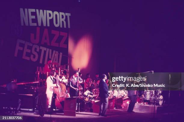 Dizzy Gillespie plays the trumpet with the Sharps and Flats orchestra, Shinjuku, Tokyo, Japan, 24th September 1969.