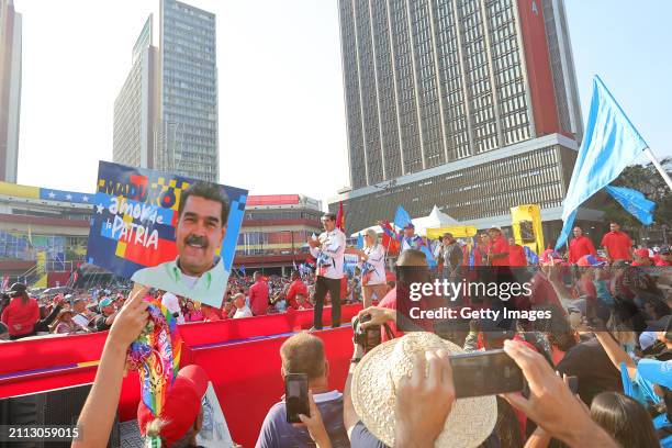 President of Venezuela Nicolás Maduro talks to supporters after formalizing his candidacy to run again for president on the upcoming elections of...