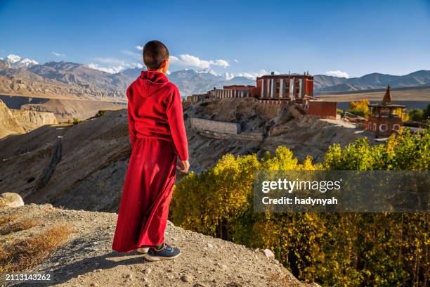 novice tibetan monk looking at the view near tsarang village, upper mustang, nepal - mustang bildbanksfoton och bilder