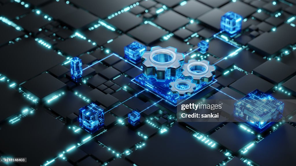 Networking, computer network, data server concept. Abstract glowing network servers with 3d gears icon.