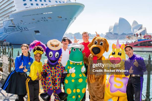 In this image released on March 26, 2024 The Wiggles, Wiggly Friends and Captain Feathersword in front of Royal Caribbean's Ovation of the Seas in...