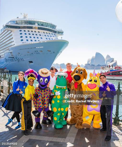 In this image released on March 26, 2024 The Wiggles, Wiggly Friends and Captain Feathersword in front of Royal Caribbean's Ovation of the Seas in...