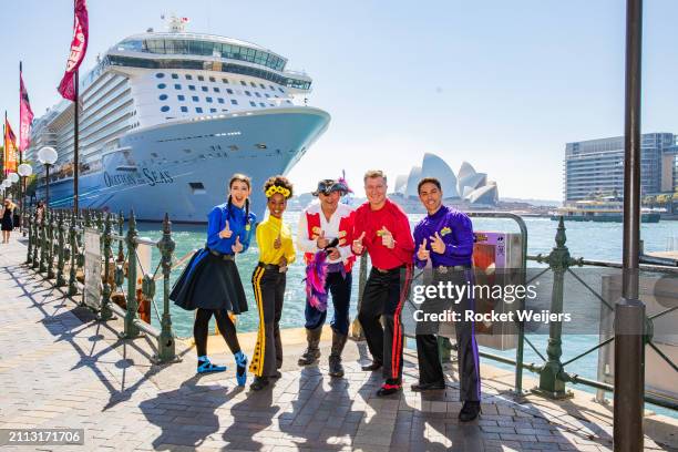 In this image released on March 26, 2024 The Wiggles, Wiggly Friends and Captain Feathersword in front of Royal Caribbean's Ovation of the Seas in...