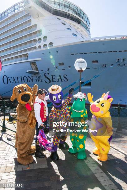 In this image released on March 26, 2024 The Wiggles, Wiggly Friends and Captain Feathersword in front of Royal Caribbean's Ovation of the Seas in...