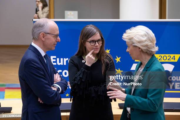 Prime Minister of Iceland Katrin Jakobsdottir before the round table session talking with President of the European Commission Ursula von der Leyen,...