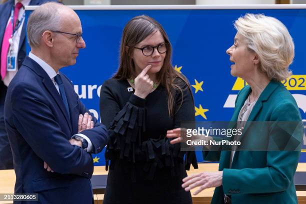 Prime Minister of Iceland Katrin Jakobsdottir before the round table session talking with President of the European Commission Ursula von der Leyen,...