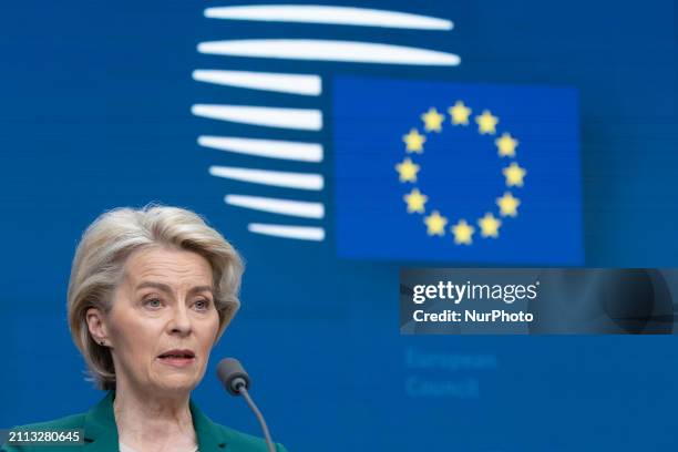 President of the European Commission Ursula von der Leyen and President of the European Council Charles Michel hold a joint press conference after...