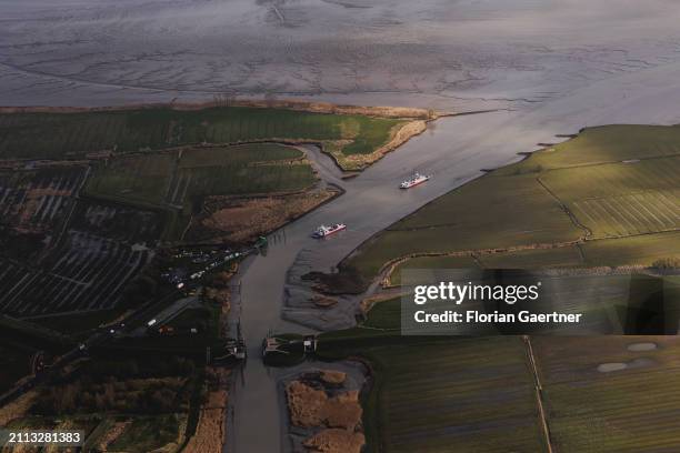 This aerial view of two ships near the river Elbe is pictured on March 25, 2024 in Berlin, Germany.