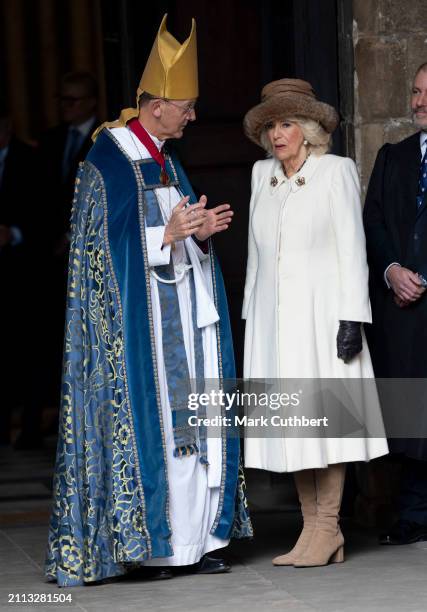 Queen Camilla is greeted by Bishop of Worcester Cathedral, The Right Reverend Dr John Inge as she arrives at The Royal Maundy Service at Worcester...