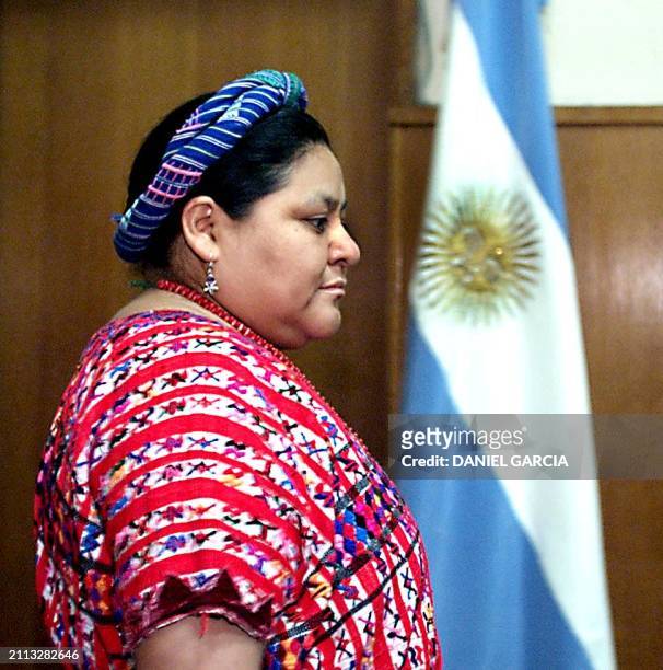 The leader of an Indignious Guatemalan group, Rigoberta Menchu, Winner of the Nobel Peace Prize in 1992, walks into the the office of the social...