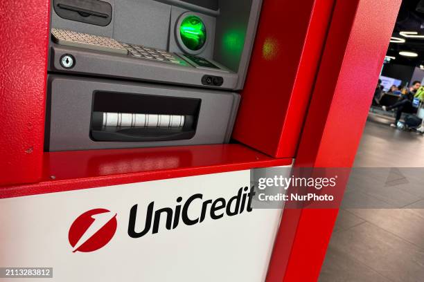 UniCredit logo is seen on ATM machine at Fiumicino Airport in Rome on March 28, 2024.