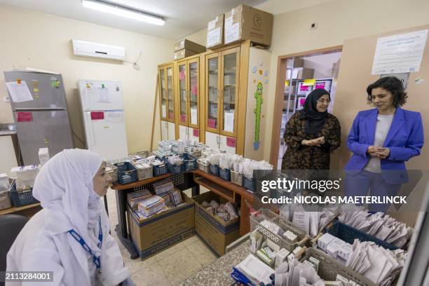 Foreign minister Hadja Lahbib pictured during a visit to the Palestinian refugee camp Al Am'ari, with UNRWA, on the West Bank, on day two of a...