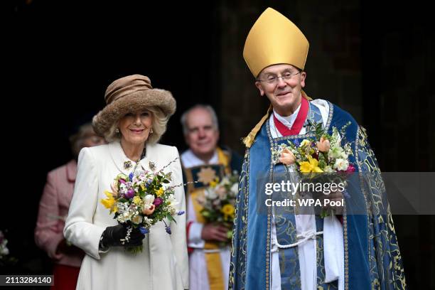 Queen Camilla leaves the Royal Maundy Service with Bishop of Worcester Cathedral, The Right Reverend Dr John Inge, where she distributed the Maundy...