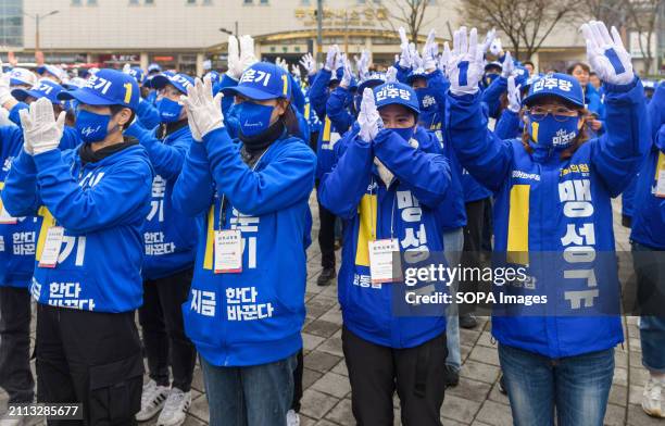 Supporters of South Korea's main opposition Democratic Party attend a campaign event for the upcoming parliamentary elections at Incheon. The April...