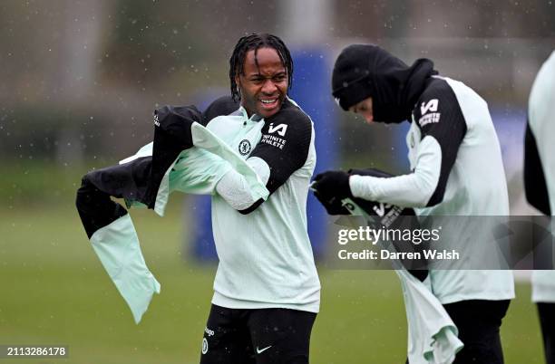 Raheem Sterling of Chelsea during a training session at Chelsea Training Ground on March 28, 2024 in Cobham, England.