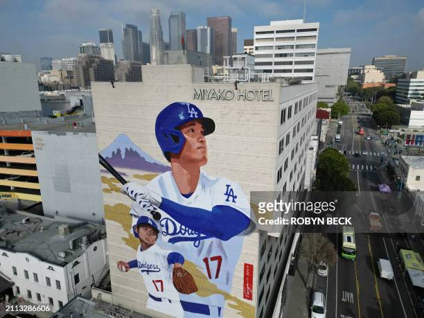 Mural showing Los Angeles Dodgers player Shohei Ohtani is seen on the Miyako Hotel in Little Tokyo in downtown Los Angeles, California, on March 28,...