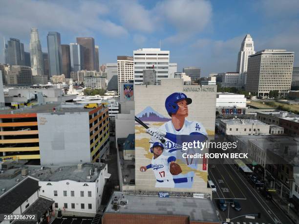 Mural showing Los Angeles Dodgers player Shohei Ohtani is seen on the Miyako Hotel in Little Tokyo in downtown Los Angeles, California, on March 28,...