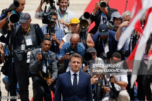 France's President Emmanuel Macron arrives at the Planalto Palace in Brasilia, on March 28, 2024.