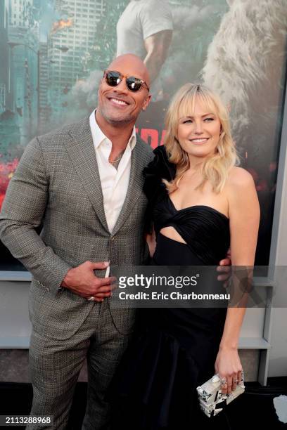 Dwayne Johnson, Executive Producer/Actor, Malin Akerman seen at New Line Cinema World Premiere of RAMPAGE at the Microsoft Theater, Los Angeles, CA,...