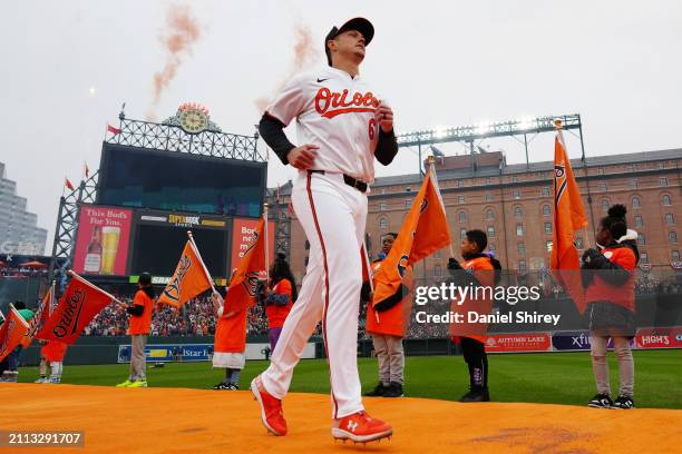 Ryan Mountcastle of the Baltimore Orioles takes the field during pregame ceremonies prior to the game between the Los Angeles Angels and the...