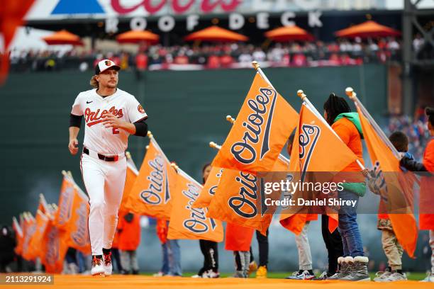 Gunnar Henderson of the Baltimore Orioles takes the field during pregame ceremonies prior to the game between the Los Angeles Angels and the...