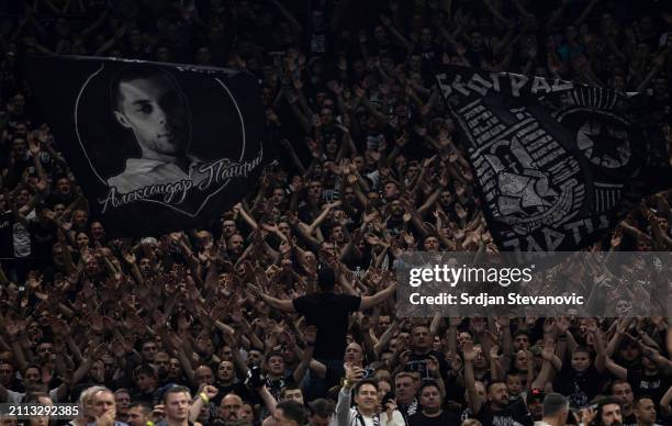 Partizan fans show their support during the Turkish Airlines EuroLeague Regular Season Round 32 match between Partizan Mozzart Bet Belgrade and...