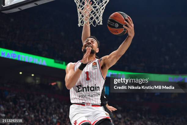 Nigel William-Goss of Olympiacos Piraeus in action under the basket during the 2023/2024 Turkish Airlines EuroLeague, Round 32 match between Partizan...