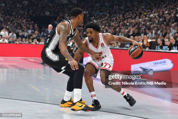 Shaquille Mckissic of Olympiacos Piraeus in action during the 2023/2024 Turkish Airlines EuroLeague, Round 32 match between Partizan Mozzart Bet...