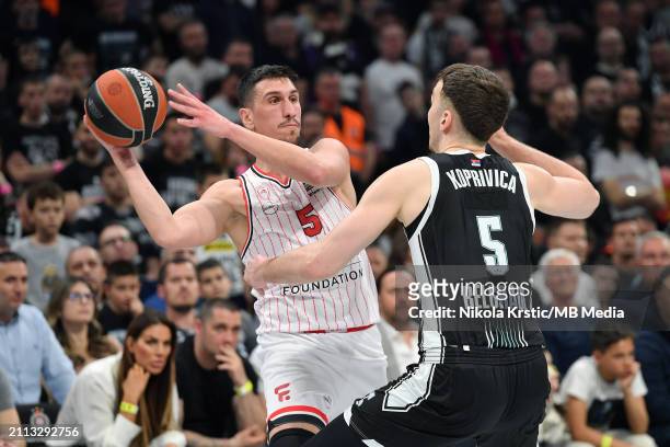Giannoulis Larentzakis of Olympiacos Piraeus in action during the 2023/2024 Turkish Airlines EuroLeague, Round 32 match between Partizan Mozzart Bet...