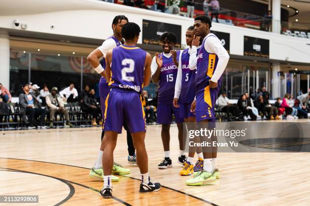 The Camden Avalanche huddle up before the game against the Ridge View Blazers during The Throne high school basketball tournament on March 27, 2024...