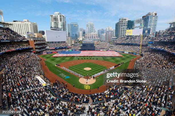 General view of PETCO Park during the playing of the national anthem prior to the Opening Day game between the San Diego Padres and the San Francisco...